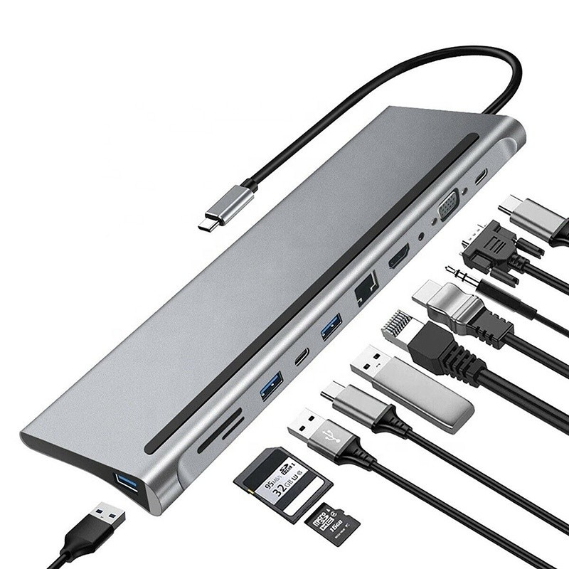 11 In 1 Multiport USB C USB-C Type-C PD 4K HDTV Hub Adapter Docking Station Dengan RJ45