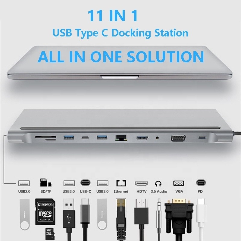 11 In 1 Multiport USB C USB-C Type-C PD 4K HDTV Hub Adapter Docking Station Dengan RJ45