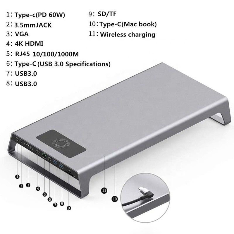 TYPE-C Pria 11 In 1 Hub Adaptor Laptop Komputer Docking Station dengan 1000Mbps RJ45 dan USB-C PD