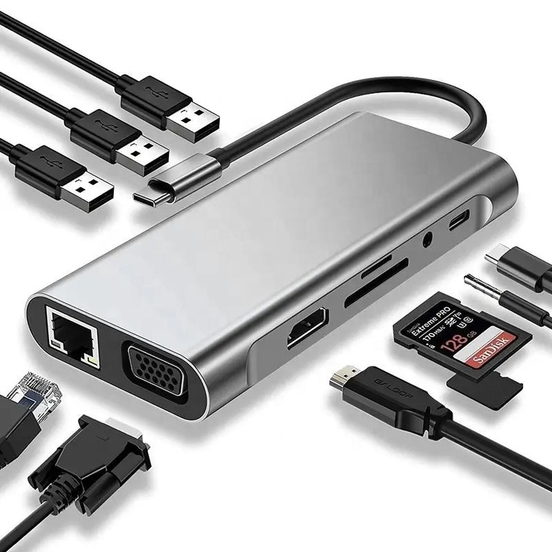USB C Hub Type-C ke USB 3.0 HDMI VGA RJ45 Lan SD TF Audio Adaptor Multiport USB Grey