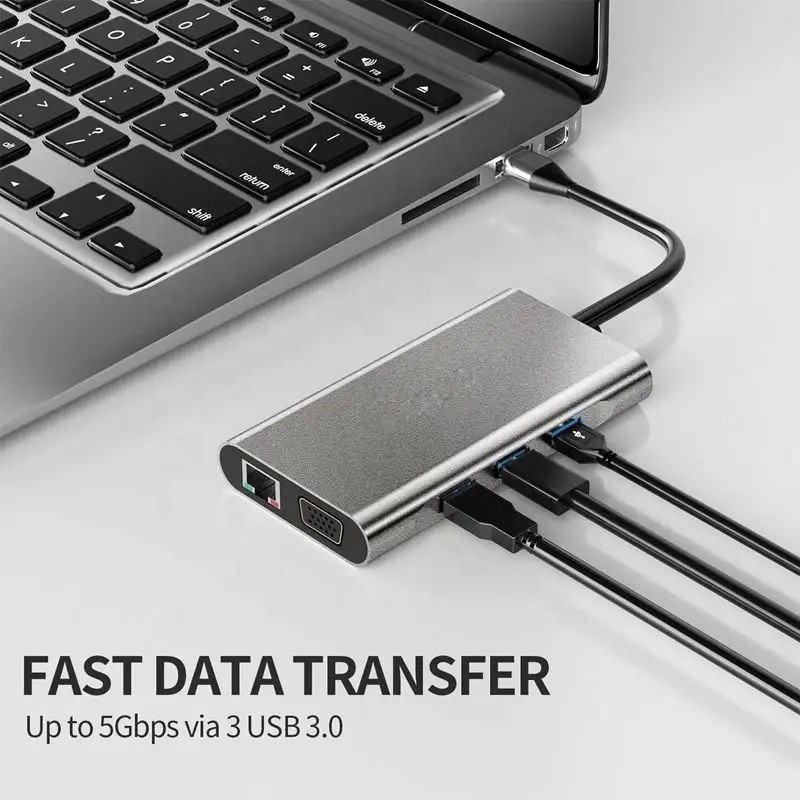 USB C Hub Type-C ke USB 3.0 HDMI VGA RJ45 Lan SD TF Audio Adaptor Multiport USB Grey