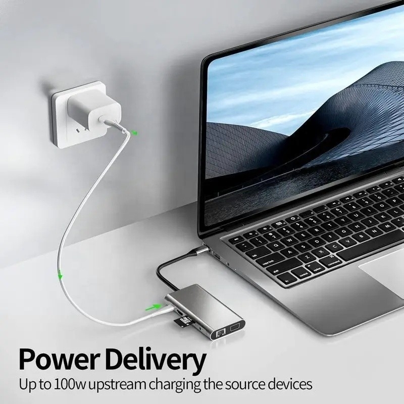USB C Hub Type-C ke USB 3.0 HDMI VGA RJ45 Lan SD TF Audio Adaptor Multiport USB Grey