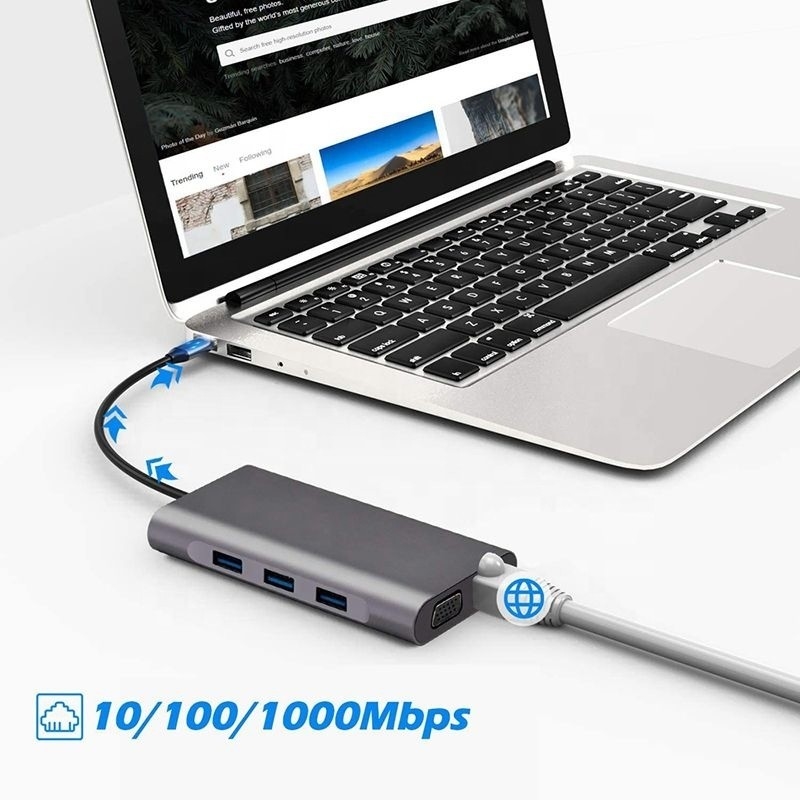 USB C Hub Type-C ke USB 3.0 HDMI VGA RJ45 Lan SD TF Audio Adaptor Multiport USB Grey