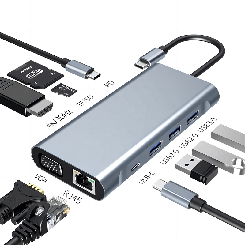 USB C Type C 10 In 1 Docking Station dengan 4K HDTV VGA Lan RJ45 USB3.0 Card Reader PD