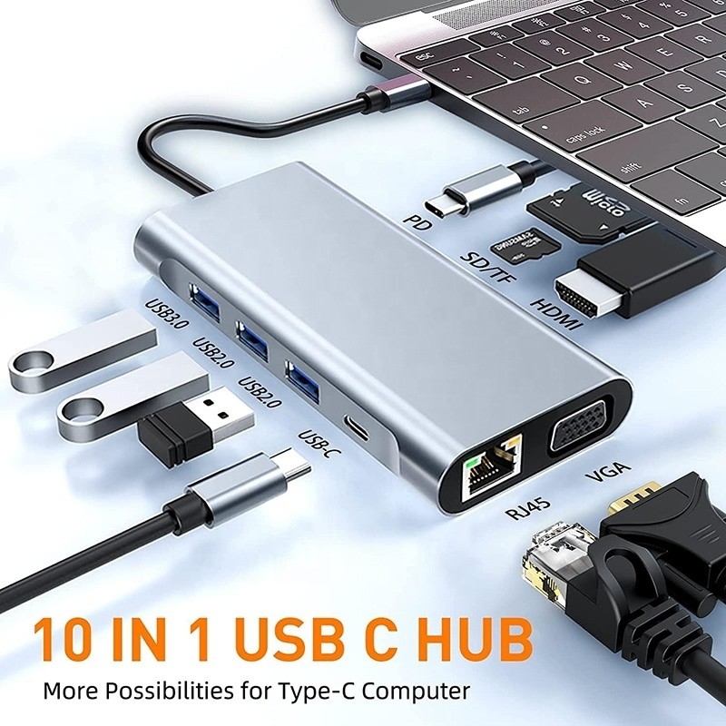 USB C Type C 10 In 1 Docking Station dengan 4K HDTV VGA Lan RJ45 USB3.0 Card Reader PD