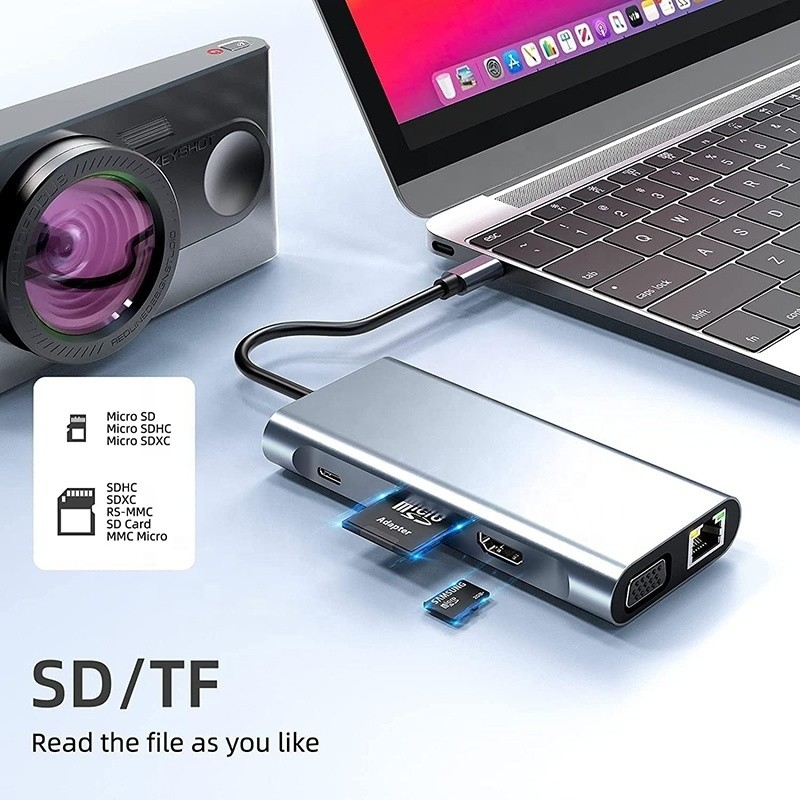 USB C Type C 10 In 1 Docking Station dengan 4K HDTV VGA Lan RJ45 USB3.0 Card Reader PD