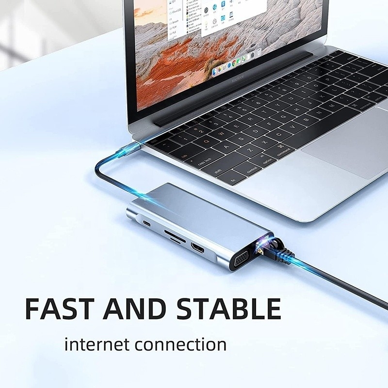 USB C Type C 10 In 1 Docking Station dengan 4K HDTV VGA Lan RJ45 USB3.0 Card Reader PD