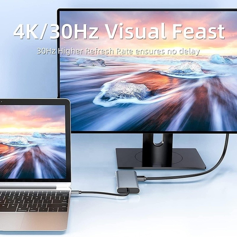 USB C Type C 10 In 1 Docking Station dengan 4K HDTV VGA Lan RJ45 USB3.0 Card Reader PD