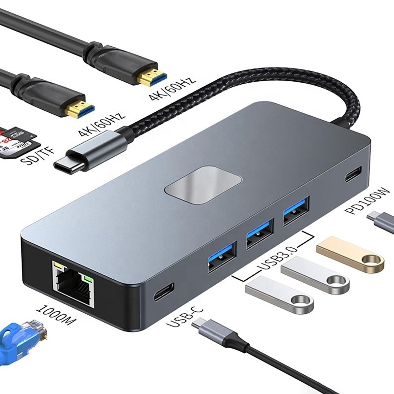 10 In 1 USB C Hub To Dual HDMI 4K 60Hz Adapter Dock dengan USB 3.0 Ethernet RJ45 1000Mbps