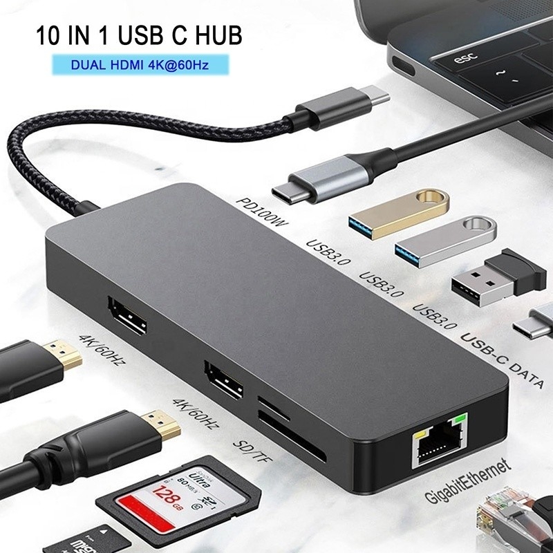 10 In 1 USB C Hub To Dual HDMI 4K 60Hz Adapter Dock dengan USB 3.0 Ethernet RJ45 1000Mbps