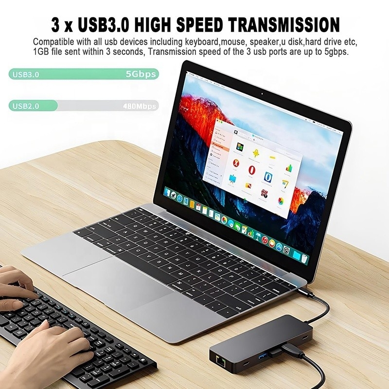 10 In 1 USB C Hub To Dual HDMI 4K 60Hz Adapter Dock dengan USB 3.0 Ethernet RJ45 1000Mbps