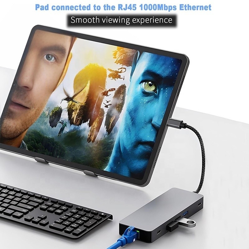 10 In 1 USB C Hub To Dual HDMI 4K 60Hz Adapter Dock dengan USB 3.0 Ethernet RJ45 1000Mbps