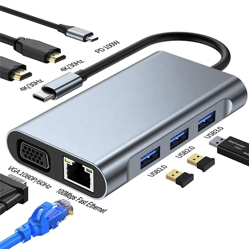 Multi Fungsi 8-In-1 USB-C USB C Docking Station dengan Dual 4K HDMI dan 2 HDMI Port Gray