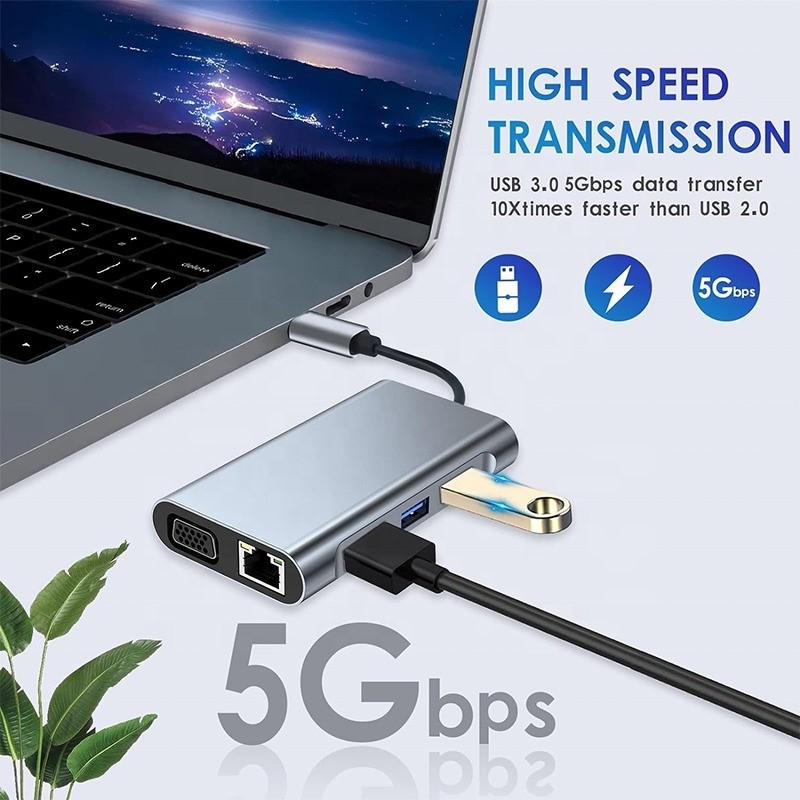 Multi Fungsi 8-In-1 USB-C USB C Docking Station dengan Dual 4K HDMI dan 2 HDMI Port Gray
