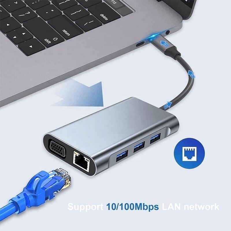 Multi Fungsi 8-In-1 USB-C USB C Docking Station dengan Dual 4K HDMI dan 2 HDMI Port Gray