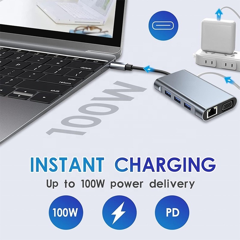 Multi Fungsi 8-In-1 USB-C USB C Docking Station dengan Dual 4K HDMI dan 2 HDMI Port Gray