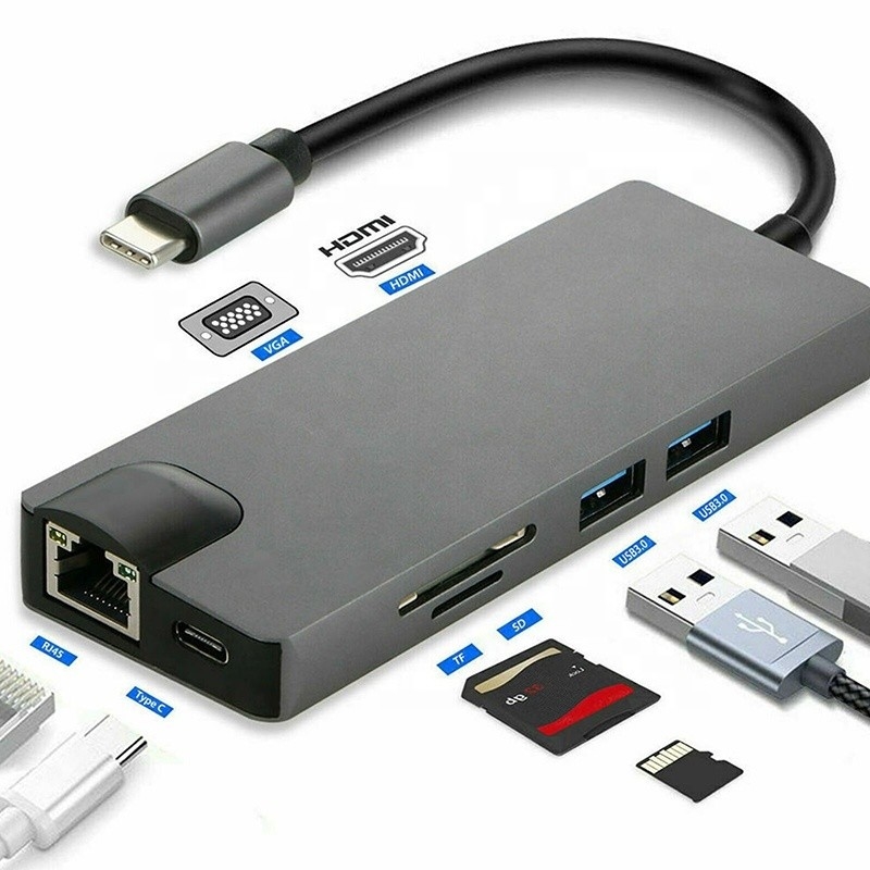 8-In-1 USB C Hub Type-C Type C 3.1 hingga 4K HDMI HDTV RJ45 Lan Ethernet PD USB3.0 Adapter Hub