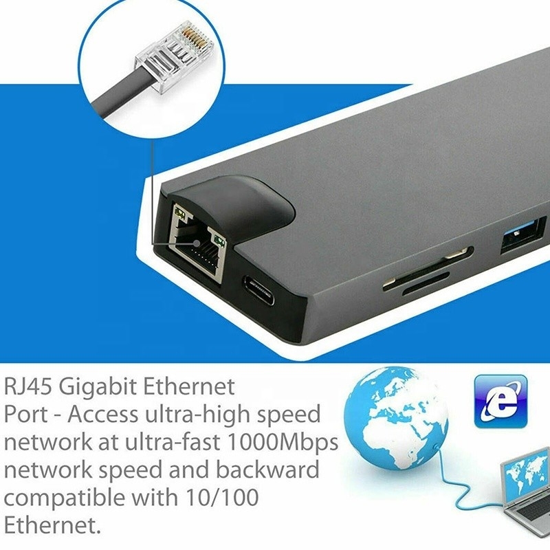 8-In-1 USB C Hub Type-C Type C 3.1 hingga 4K HDMI HDTV RJ45 Lan Ethernet PD USB3.0 Adapter Hub