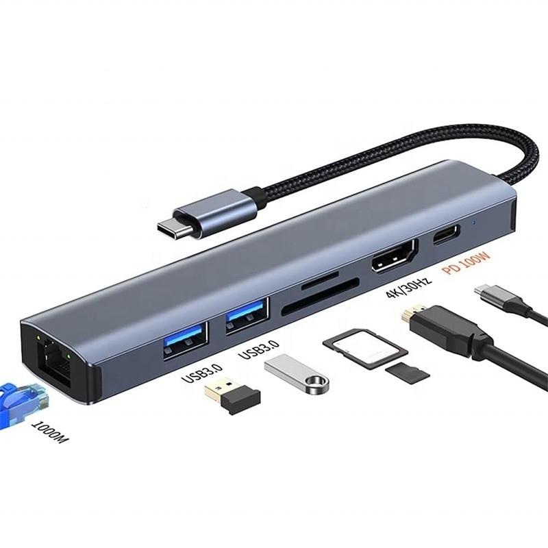 Gray 7 In 1 USB C Type C Hub dengan 1000M RJ45 Gigabit Ethernet 4K HDMI PD 100W Adaptor
