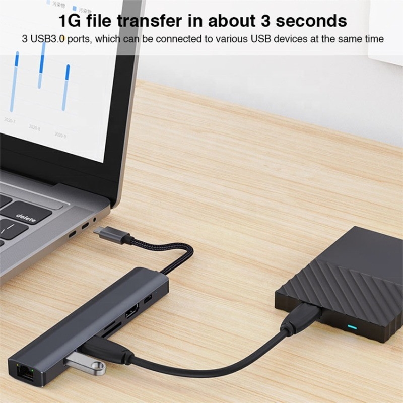 Gray 7 In 1 USB C Type C Hub dengan 1000M RJ45 Gigabit Ethernet 4K HDMI PD 100W Adaptor