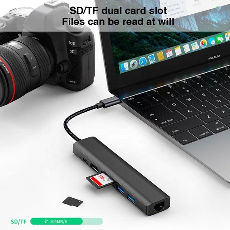 Gray 7 In 1 USB C Type C Hub dengan 1000M RJ45 Gigabit Ethernet 4K HDMI PD 100W Adaptor