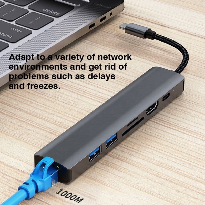 Gray 7 In 1 USB C Type C Hub dengan 1000M RJ45 Gigabit Ethernet 4K HDMI PD 100W Adaptor