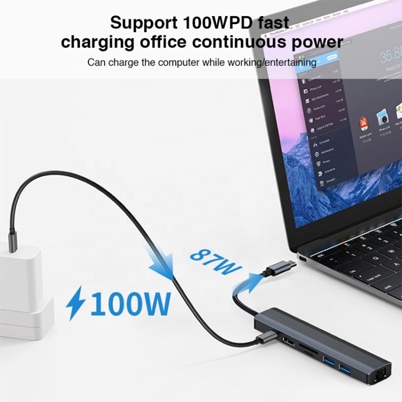 Gray 7 In 1 USB C Type C Hub dengan 1000M RJ45 Gigabit Ethernet 4K HDMI PD 100W Adaptor