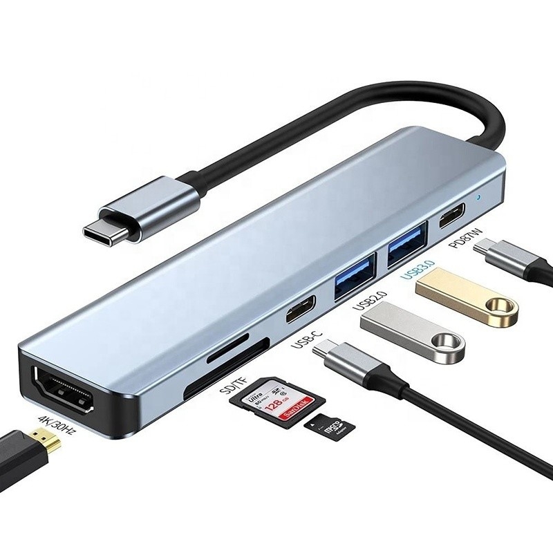 Gray 7 In 1 USB C Ke HDMI Adapter Hub Dock dengan 4K HD HDMI PD SD TF SD / TF Card Reader