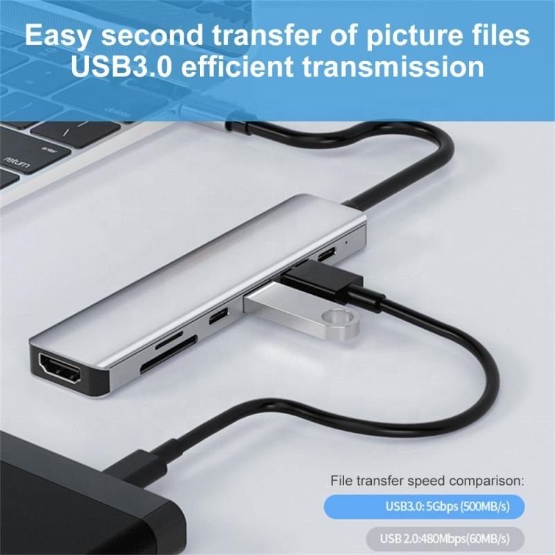Gray 7 In 1 USB C Ke HDMI Adapter Hub Dock dengan 4K HD HDMI PD SD TF SD / TF Card Reader