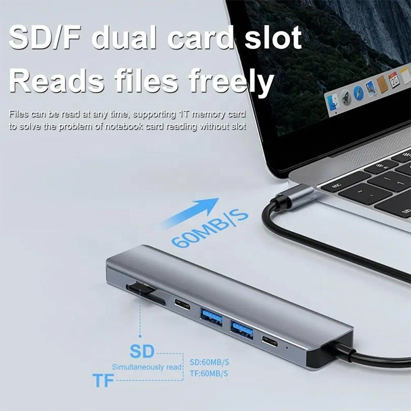 Gray 7 In 1 USB C Ke HDMI Adapter Hub Dock dengan 4K HD HDMI PD SD TF SD / TF Card Reader