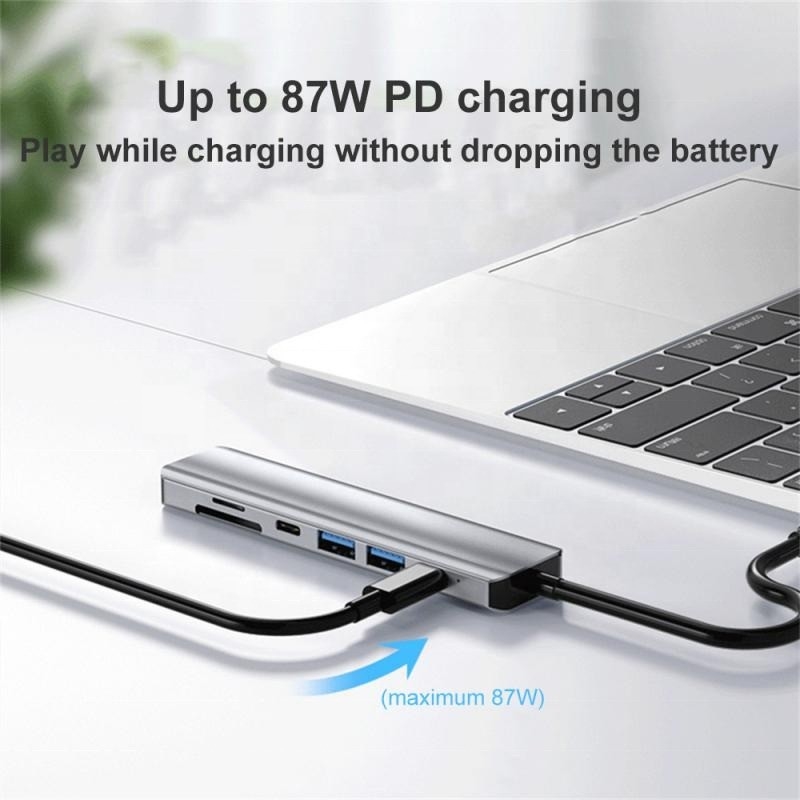 Gray 7 In 1 USB C Ke HDMI Adapter Hub Dock dengan 4K HD HDMI PD SD TF SD / TF Card Reader