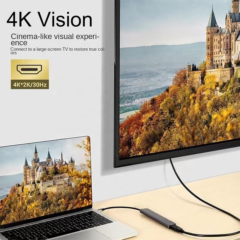 Gray 7 In 1 USB C Ke HDMI Adapter Hub Dock dengan 4K HD HDMI PD SD TF SD / TF Card Reader
