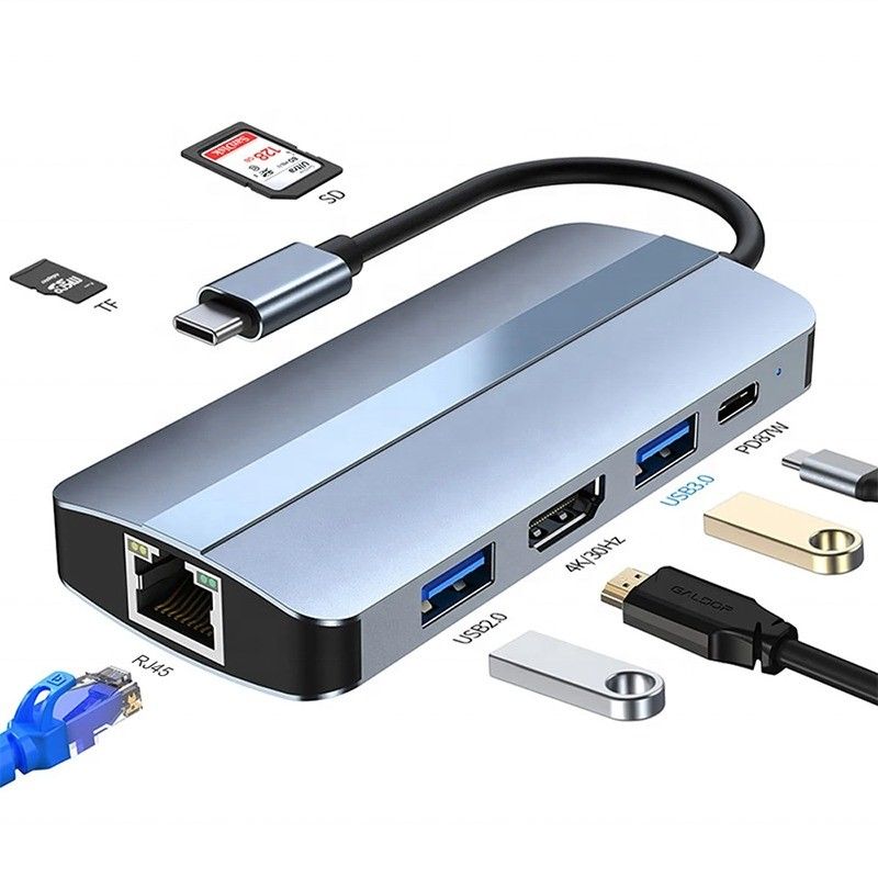 7 In 1 USB C USB-C Hub Untuk Macbook Gray HDMI USB 3.0 USB2.0 RJ45 SD/TF Card Reader PD Output
