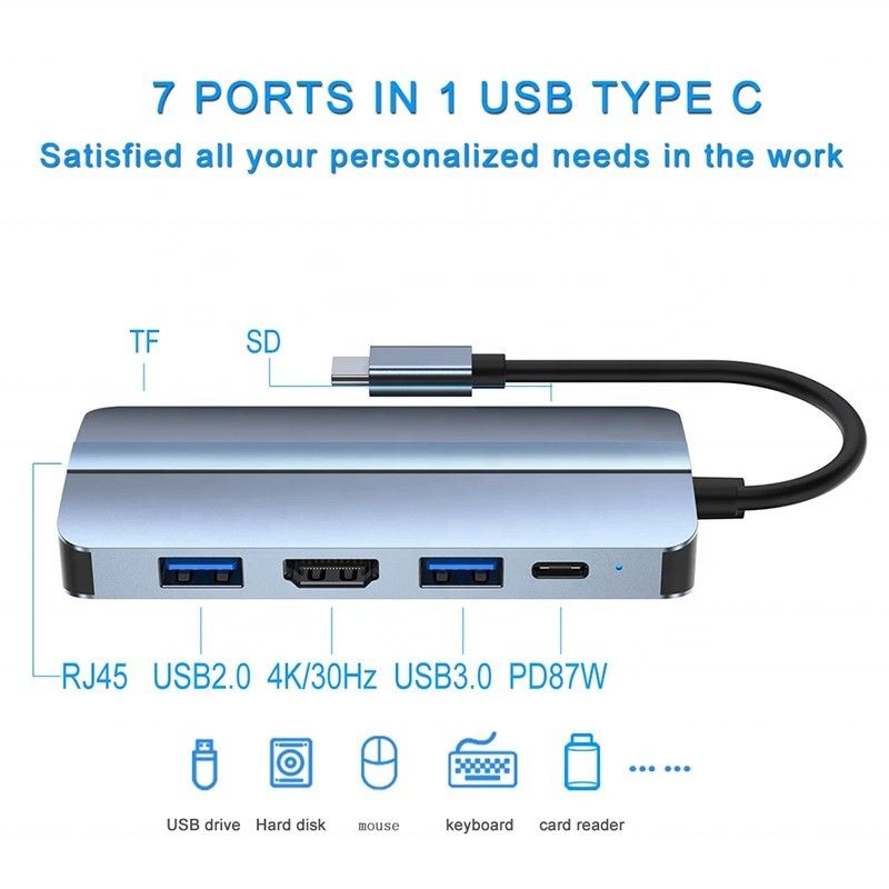 7 In 1 USB C USB-C Hub Untuk Macbook Gray HDMI USB 3.0 USB2.0 RJ45 SD/TF Card Reader PD Output