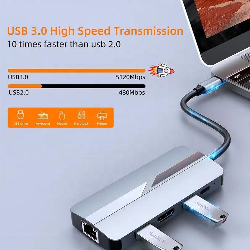 7 In 1 USB C USB-C Hub Untuk Macbook Gray HDMI USB 3.0 USB2.0 RJ45 SD/TF Card Reader PD Output