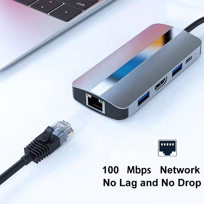7 In 1 USB C USB-C Hub Untuk Macbook Gray HDMI USB 3.0 USB2.0 RJ45 SD/TF Card Reader PD Output