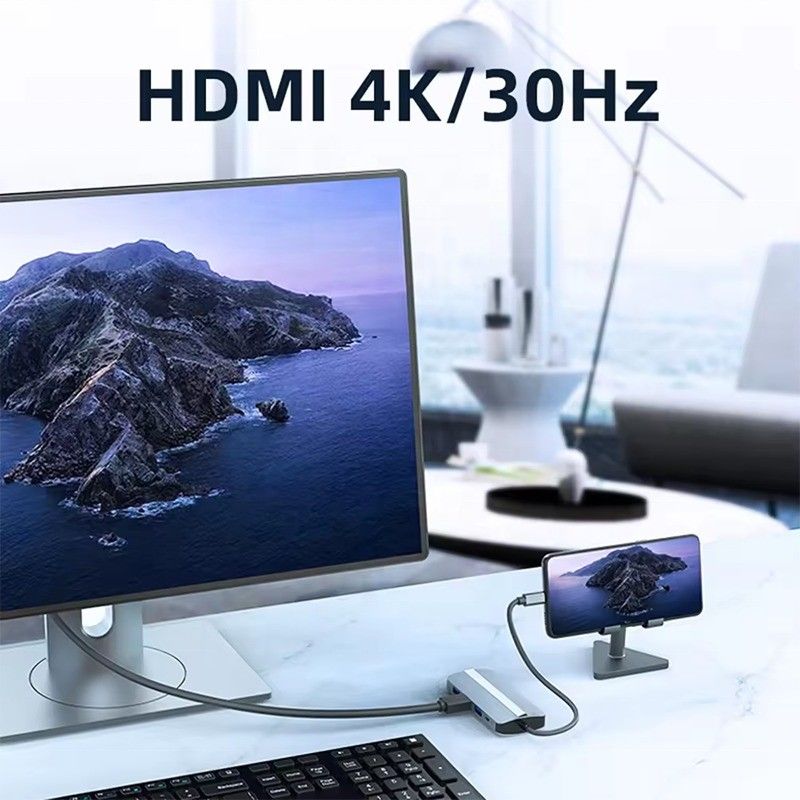 7 In 1 USB C USB-C Hub Untuk Macbook Gray HDMI USB 3.0 USB2.0 RJ45 SD/TF Card Reader PD Output