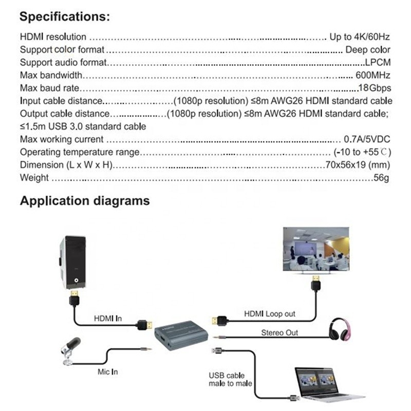 Professional 4K 60Hz HDMI ke USB3.0 Video Capture Card Dengan Audio Output Dan USB 3.0
