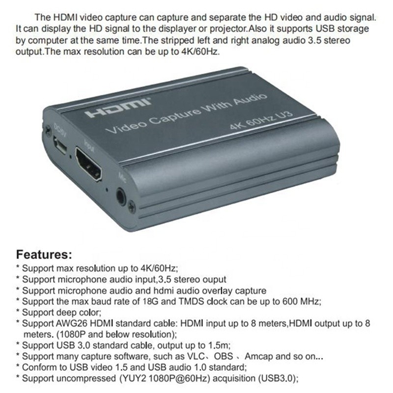 Professional 4K 60Hz HDMI ke USB3.0 Video Capture Card Dengan Audio Output Dan USB 3.0