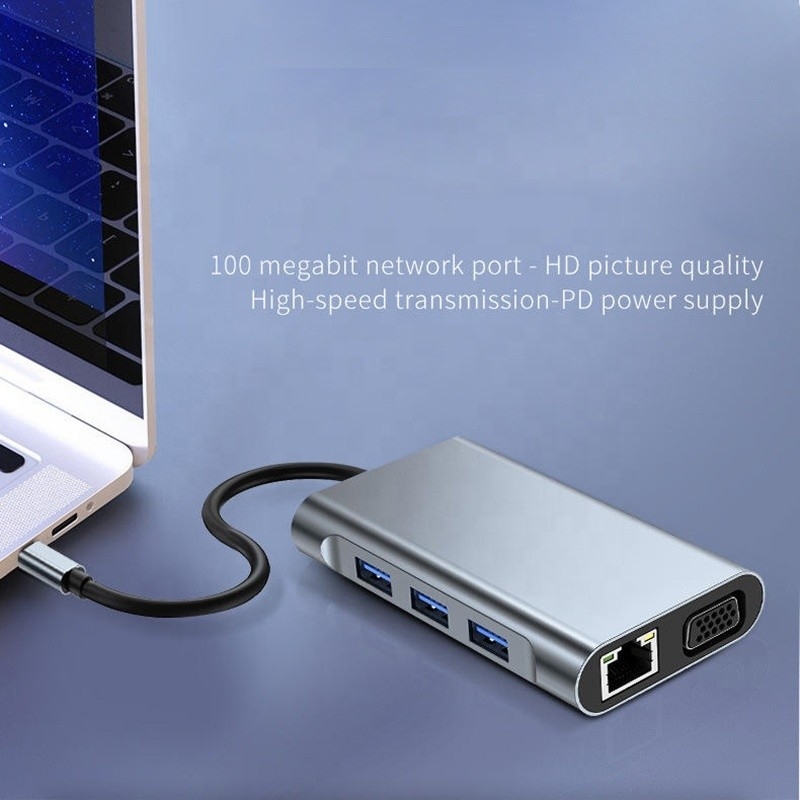 7-in-1 USB C Type C Docking Station dengan HDTV HDMI VGA USB RJ45 dan Fast Data Transfer