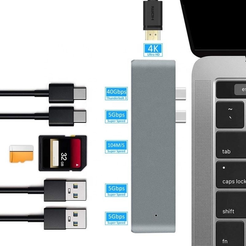 7-In-2 Hub Docking Station dengan input tipe C ganda dan tipe antarmuka USB 3.1