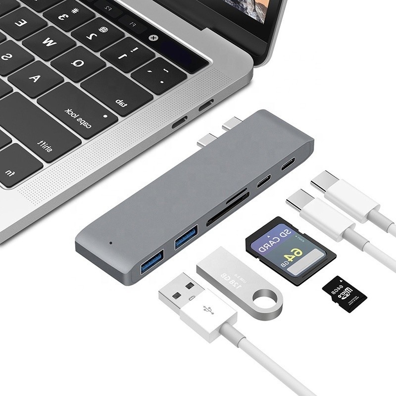 Multiport Docking Station 6-In-1 Type-C Hub Adapter dengan SD/TF 2*USB3.0 2*USB-C Output
