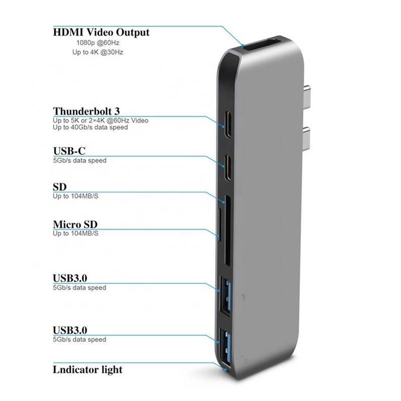 Multiport Docking Station 6-In-1 Type-C Hub Adapter dengan SD/TF 2*USB3.0 2*USB-C Output