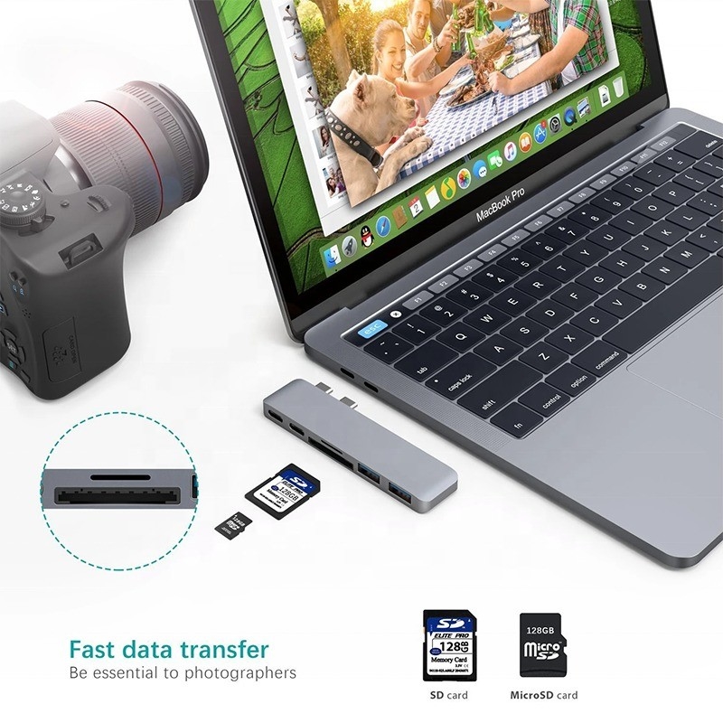 Multiport Docking Station 6-In-1 Type-C Hub Adapter dengan SD/TF 2*USB3.0 2*USB-C Output