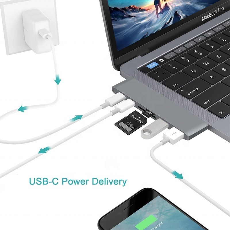 Multiport Docking Station 6-In-1 Type-C Hub Adapter dengan SD/TF 2*USB3.0 2*USB-C Output