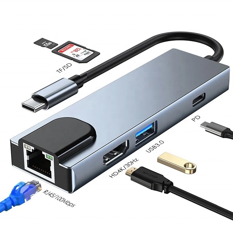 Grey USB C PD Docking Station untuk Laptop Fungsi Pengisian Data Transfer Video Output