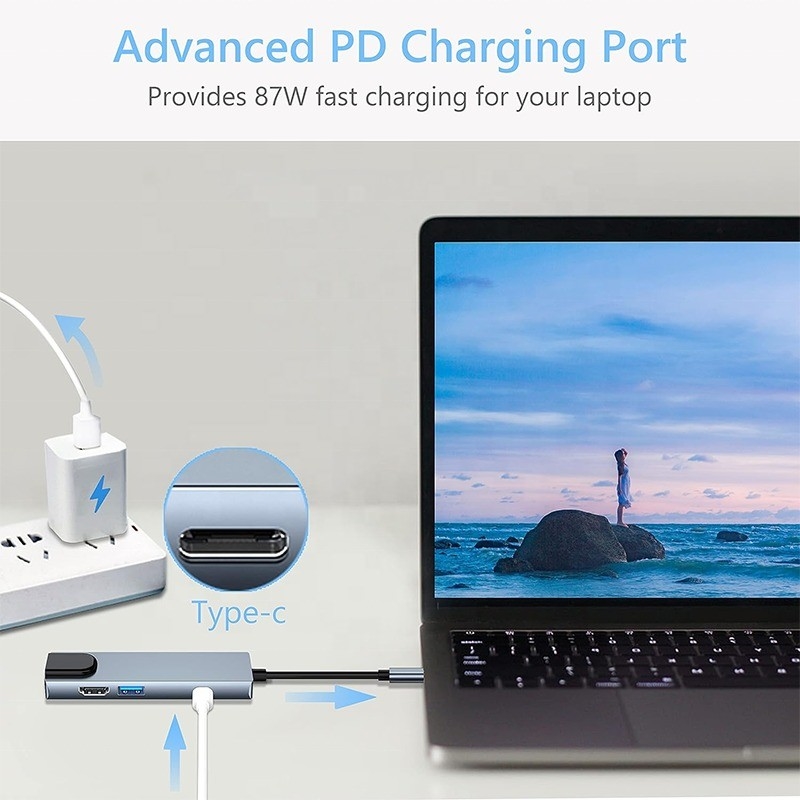 Grey USB C PD Docking Station untuk Laptop Fungsi Pengisian Data Transfer Video Output