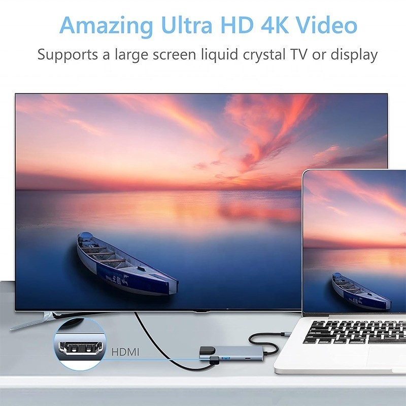 Grey USB C PD Docking Station untuk Laptop Fungsi Pengisian Data Transfer Video Output