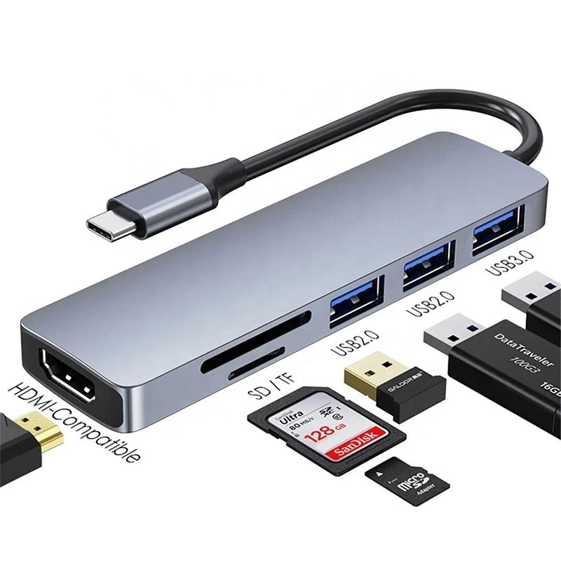 6-in-1 Multiport Laptop Docking Station dengan 4K HD HDMI HDTV USB 3.0 SD TF Card Reader