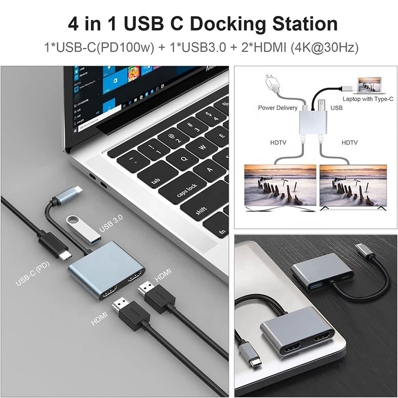 4-in-1 USB C ke Dual 4K HDMI MST Adapter untuk Pengisian Data Transfer dan Video Output